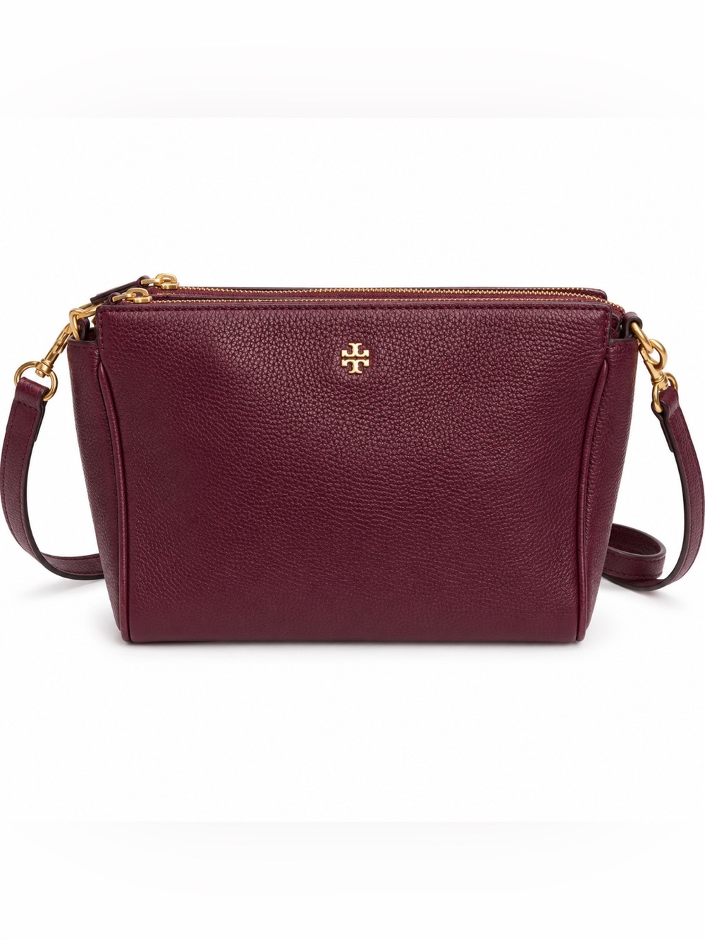 Tory Burch Pebbled Leather Crossbody Bag Burgundy Oxblood Gold Hardware